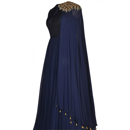 Youdesign Raw Silk Georgette Gown In Navy Blue Colour Size Upto 66